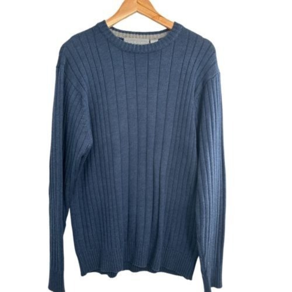 Oscar de la Renta Sweater Men's Blue Ribbed Crew Neck Preppy Large Classic‎